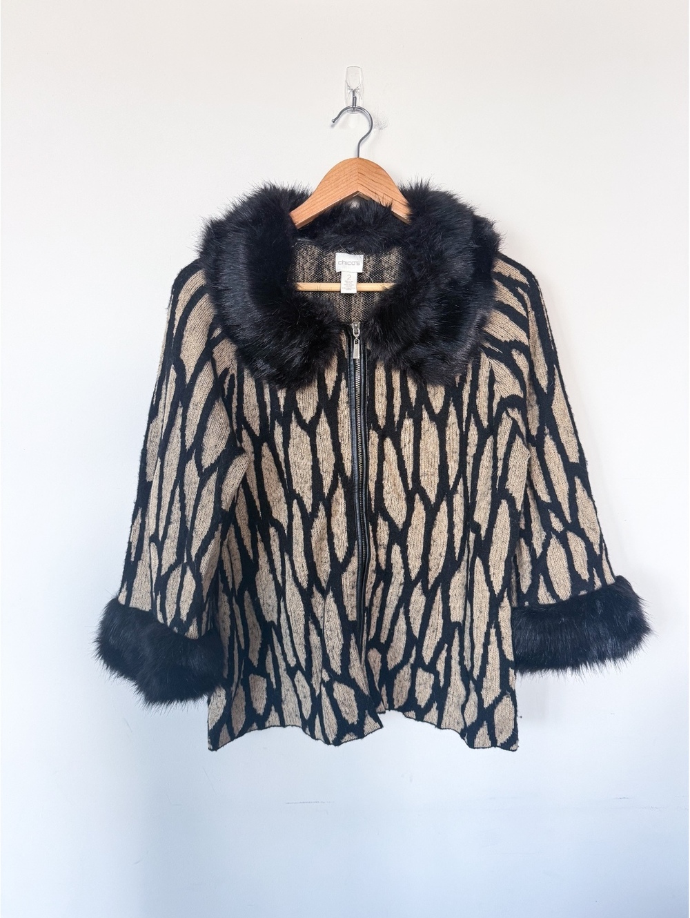 CHICO Fur collar / Wrists Camel and Black Full Zip Cardigan Sweater Glam Chic.